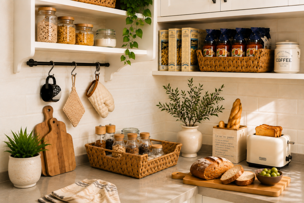 Pantry baskets for storage organizing snacks, spices, and kitchen essentials in a modern pantry.