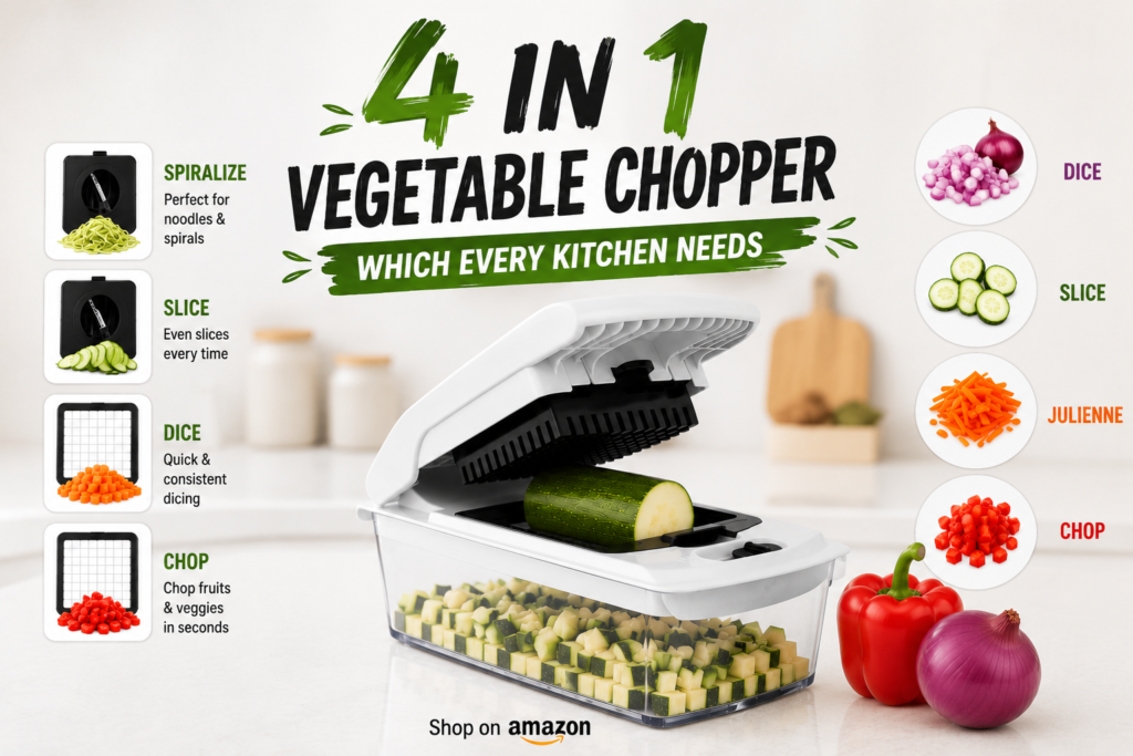 4-in-1 vegetable chopper with interchangeable blades for slicing, dicing, chopping, and spiralizing vegetables in a modern kitchen
