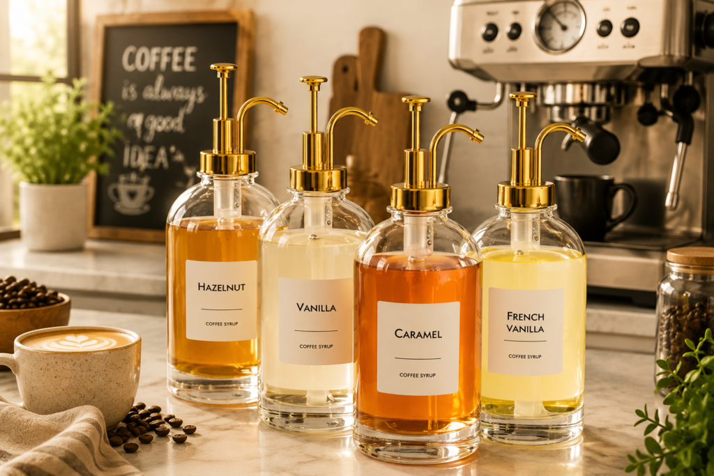 Best coffee bar station organizer featuring premium glass coffee syrup dispenser bottles with gold pumps on a modern coffee station countertop.
