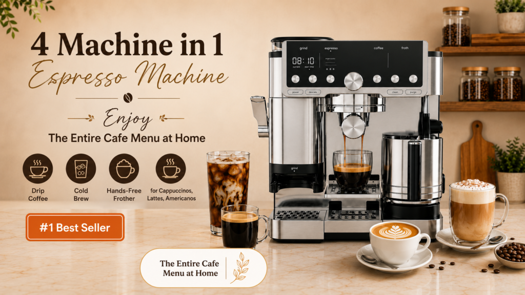 Modern 4-in-1 espresso machine with cappuccino, latte, americano, and cold brew in a stylish home coffee station.