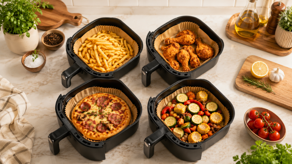 Best Air Fryer Liners used for fries chicken vegetables and pizza.