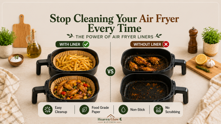 Best Air Fryer Liners comparison showing clean basket with liner and dirty basket without liner