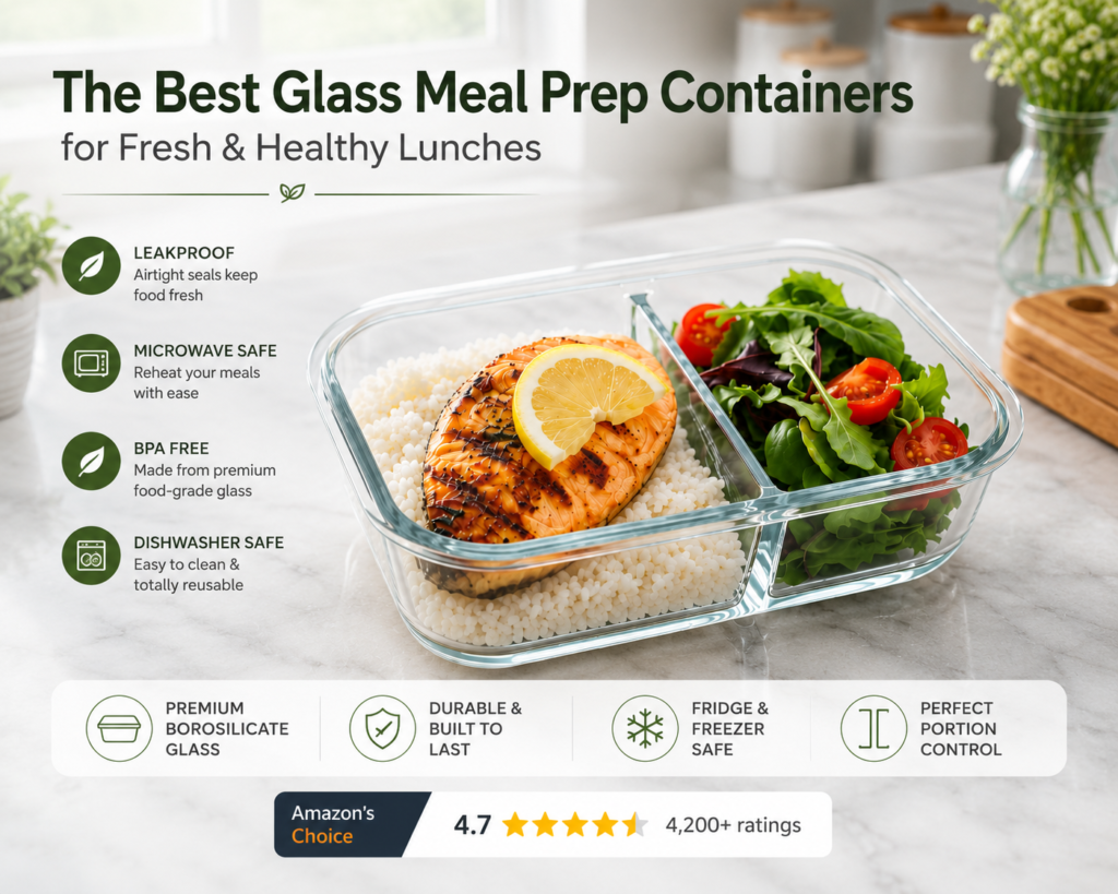 Best glass meal prep containers for kitchen organization with grilled salmon, rice, and fresh salad in a modern glass food storage container.