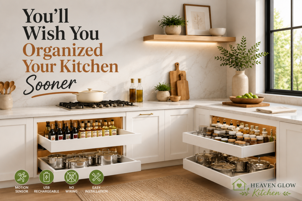 Pull-out cabinet organizer with sliding shelves for organized kitchen storage, pantry items, pots, and cookware