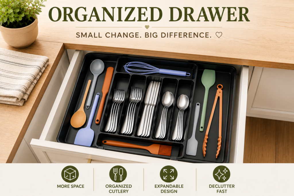 Expandable drawer organizer keeping kitchen utensils neatly arranged as part of smart kitchen organization ideas