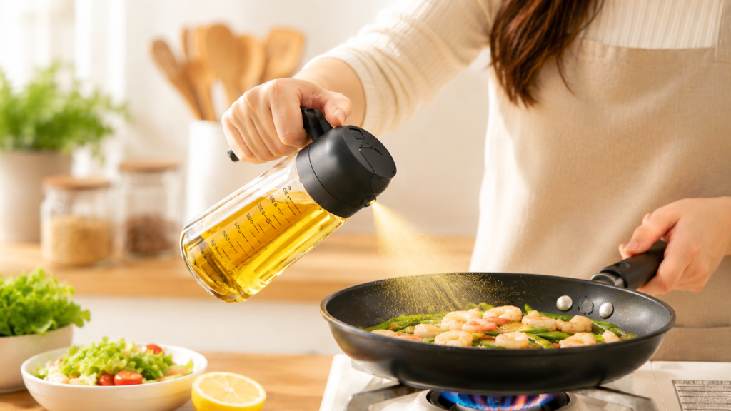 Woman using a best olive oil sprayer while cooking shrimp in a frying pan.