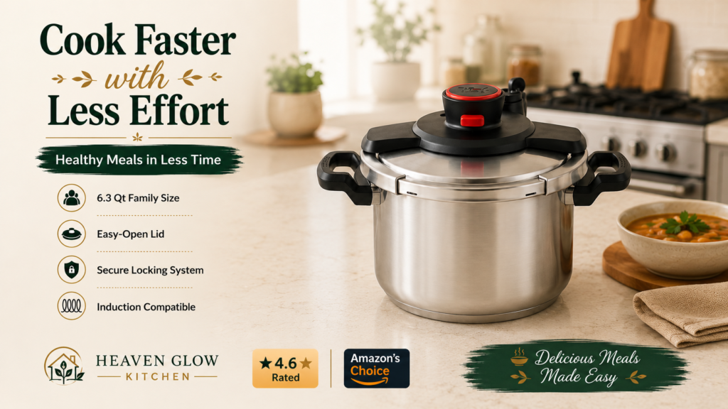 Stainless steel pressure cooker on a modern kitchen countertop with text highlighting easy-open lid, induction compatibility, secure locking system, and family-size cooking.
