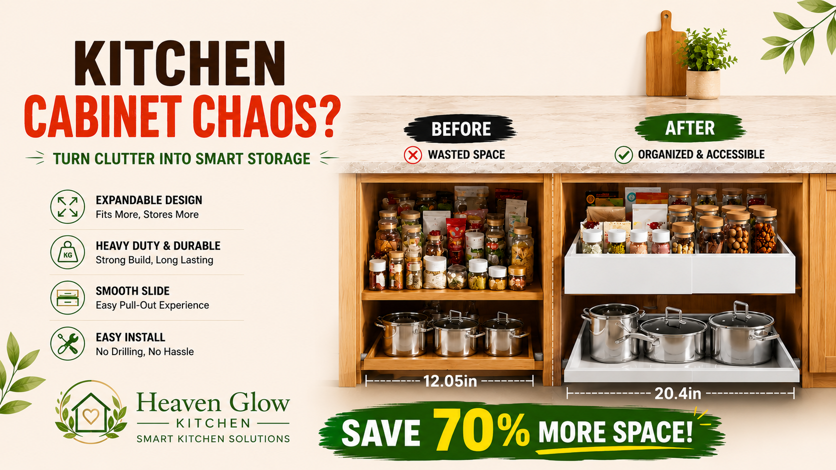 Kitchen cabinet organizer showing before and after storage transformation with expandable pull-out drawers for pots, pans, spices, and pantry organization.