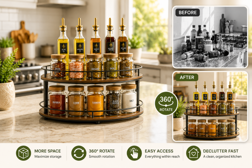 Lazy Susan organizer with spice jars and oil bottles for kitchen organization ideas and countertop storage.