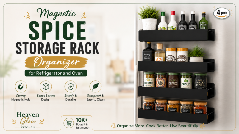 Magnetic Spice Storage Rack Organizer mounted on refrigerator holding spice jars, oils, coffee containers, and kitchen essentials in a modern organized kitchen.