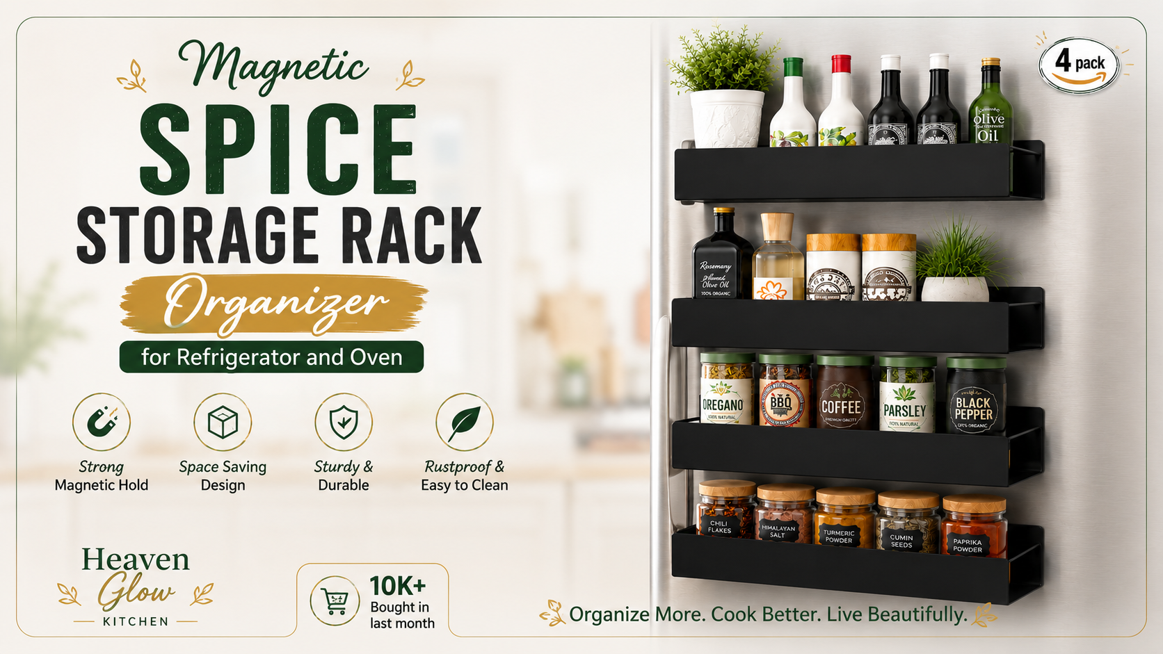 Magnetic Spice Storage Rack Organizer mounted on refrigerator holding spice jars, oils, coffee containers, and kitchen essentials in a modern organized kitchen.